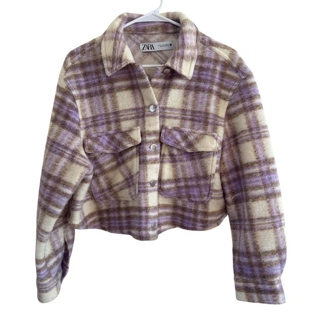 Zara Plaid Cropped Shacket Wool Blend Lavender Cream‎ Jacket Medium